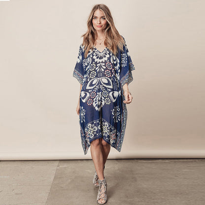 New Navy Positioning Flower Chiffon V-Neck Loose Bikini Smock Beach Dress Swimsuit Cover-Up