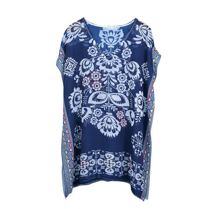 New Navy Positioning Flower Chiffon V-Neck Loose Bikini Smock Beach Dress Swimsuit Cover-Up