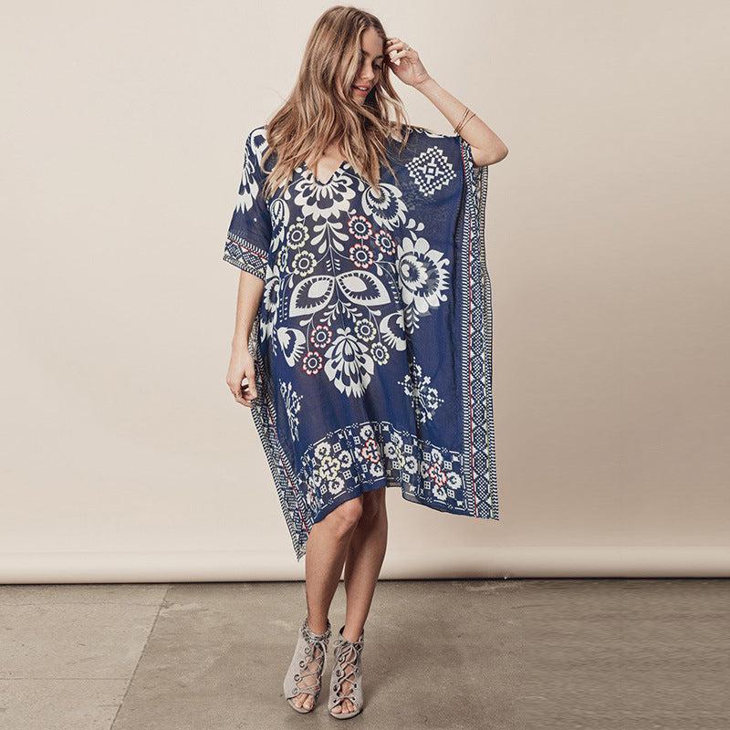 New Navy Positioning Flower Chiffon V-Neck Loose Bikini Smock Beach Dress Swimsuit Cover-Up