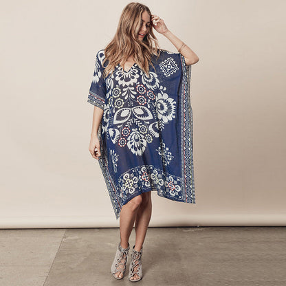 New Navy Positioning Flower Chiffon V-Neck Loose Bikini Smock Beach Dress Swimsuit Cover-Up