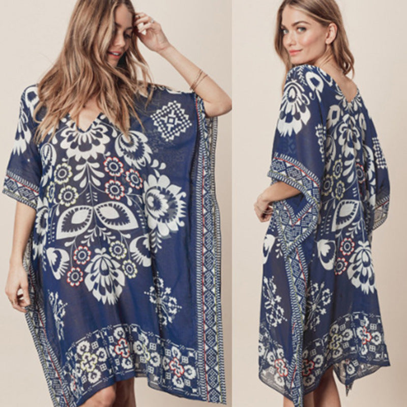 New Navy Positioning Flower Chiffon V-Neck Loose Bikini Smock Beach Dress Swimsuit Cover-Up
