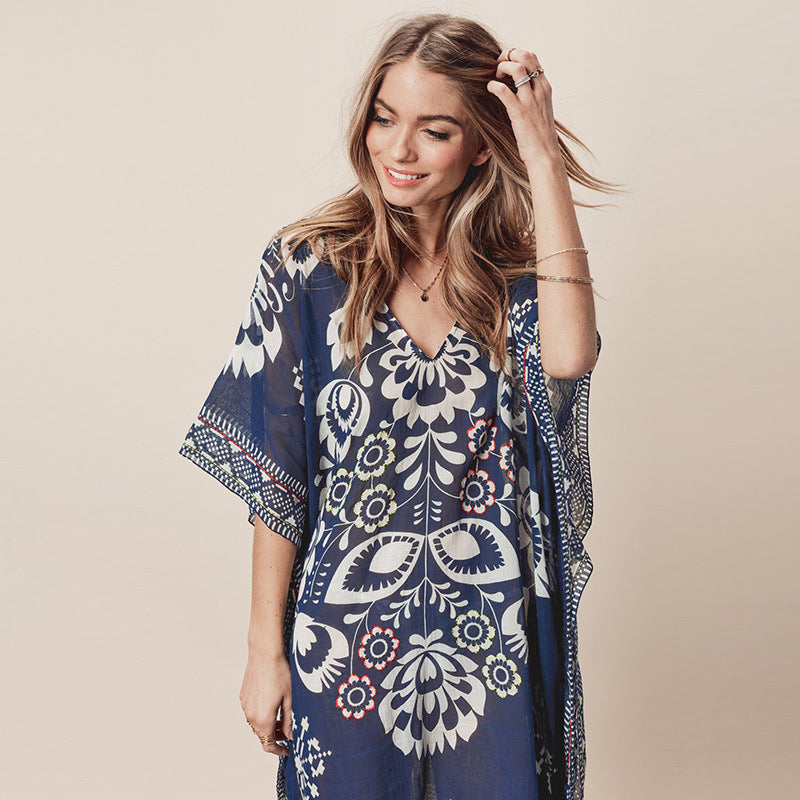 New Navy Positioning Flower Chiffon V-Neck Loose Bikini Smock Beach Dress Swimsuit Cover-Up