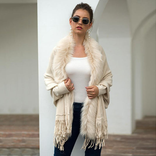 Tassel Cloak Shawl Wool Collar Cloak Solid Color Cardigan Sweater
