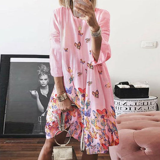 Vintage Print O Neck Digital Print Multicolor Dress