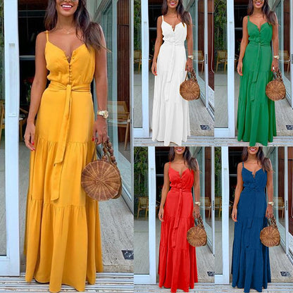 Summer New Women'S Personality Button-Up V-Neck Sling Dress Fc539