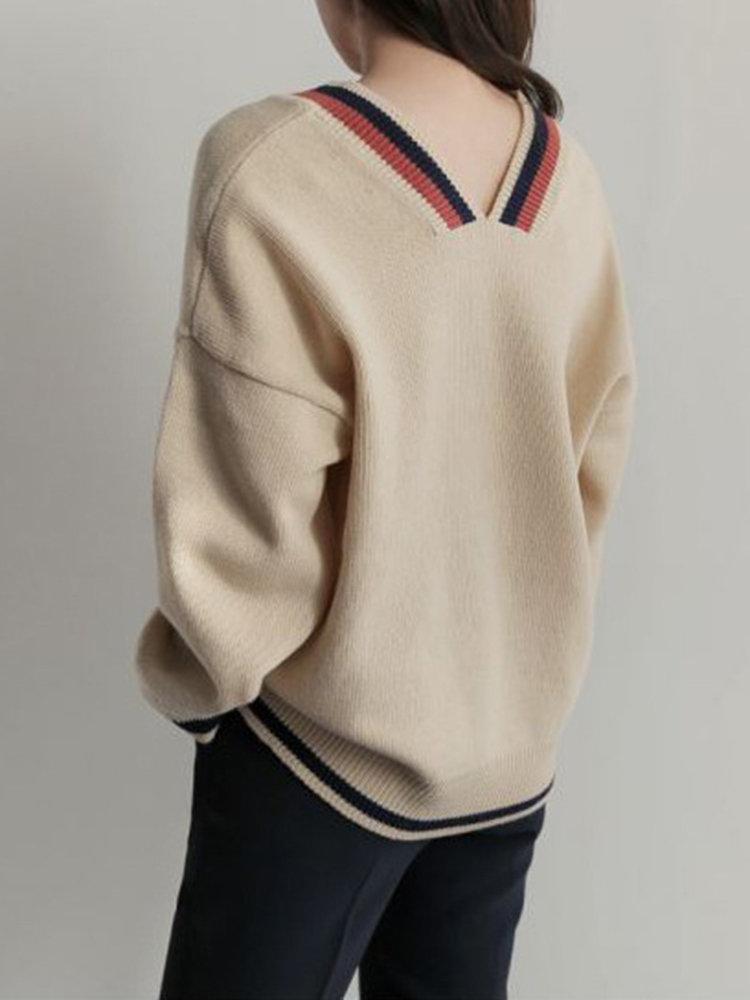 Casual Stripe Patchwork Long Sleeve V-Neck Women Sweaters