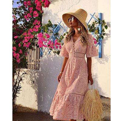 Summer New Women'S V-Neck Short Sleeve Hollow Single-Breasted Lace Dress New