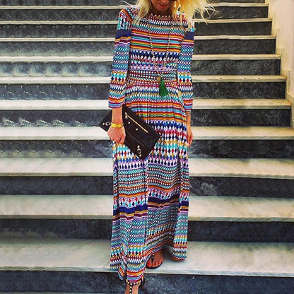 Crewneck Fashion Long Sleeve Printed Dress