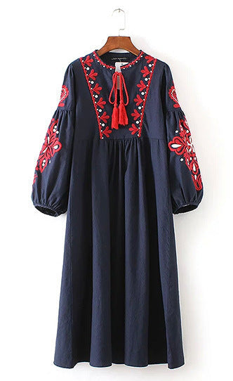 New Ethnic Style Long Sleeved Mid Length Dress With Embroidered Lace Up Loose A-Line Lantern Sleeve Dress