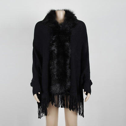Tassel Cloak Shawl Wool Collar Cloak Solid Color Cardigan Sweater