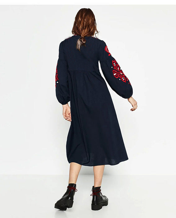 New Ethnic Style Long Sleeved Mid Length Dress With Embroidered Lace Up Loose A-Line Lantern Sleeve Dress
