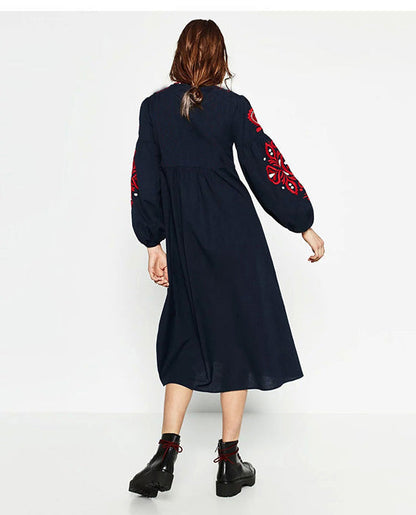 New Ethnic Style Long Sleeved Mid Length Dress With Embroidered Lace Up Loose A-Line Lantern Sleeve Dress