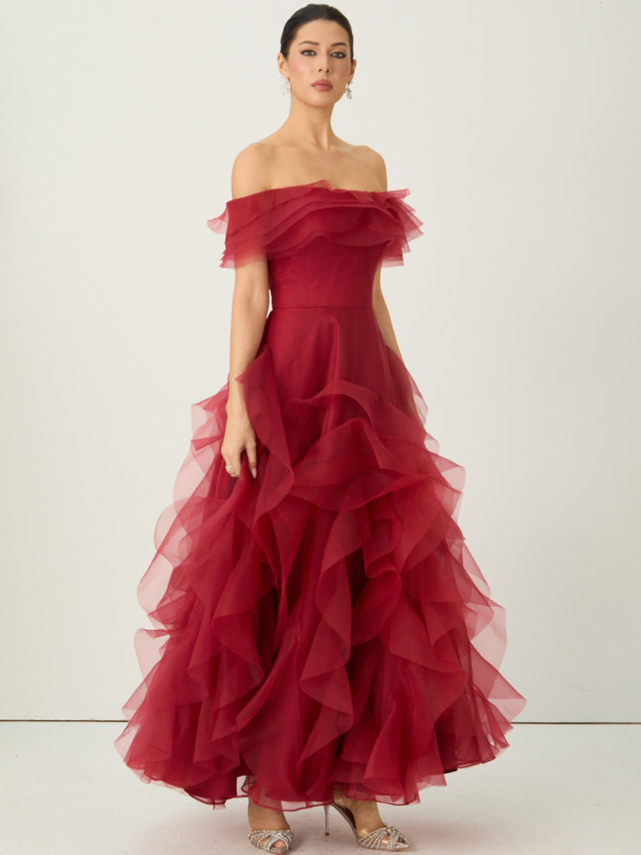 Penelope Off Shoulder Tiered Ruffle Organza Maxi Dress