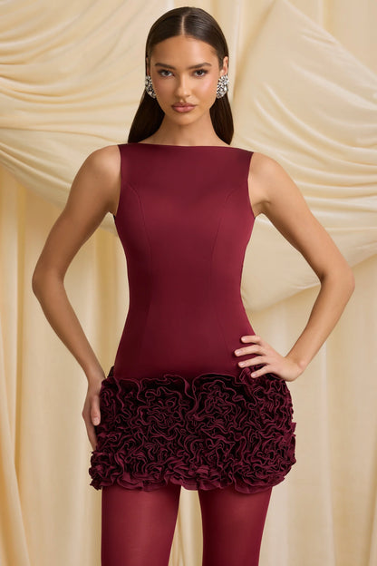 Satin Floral Appliqué Open-Back Mini Dress in Wine Red