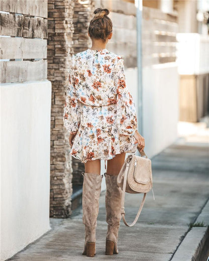 Sexy Printed Suit Neck Lace Button Female Dress