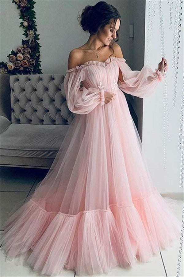 Off-The-Shoulder Tulle Wedding Dress with Long Sleeves