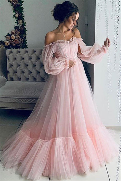 Off-The-Shoulder Tulle Wedding Dress with Long Sleeves