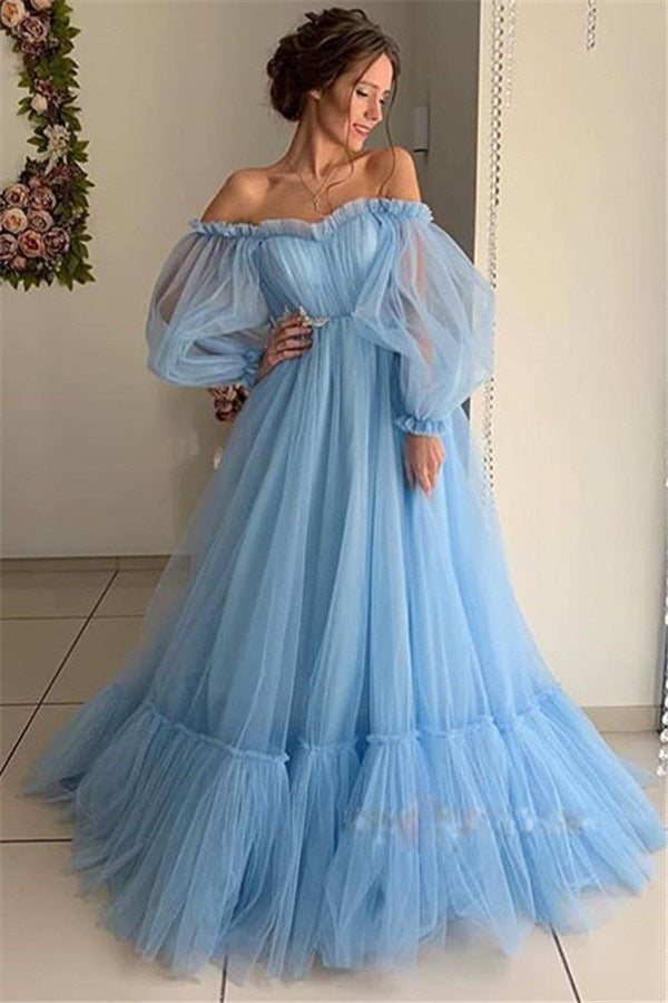 Off-The-Shoulder Tulle Wedding Dress with Long Sleeves