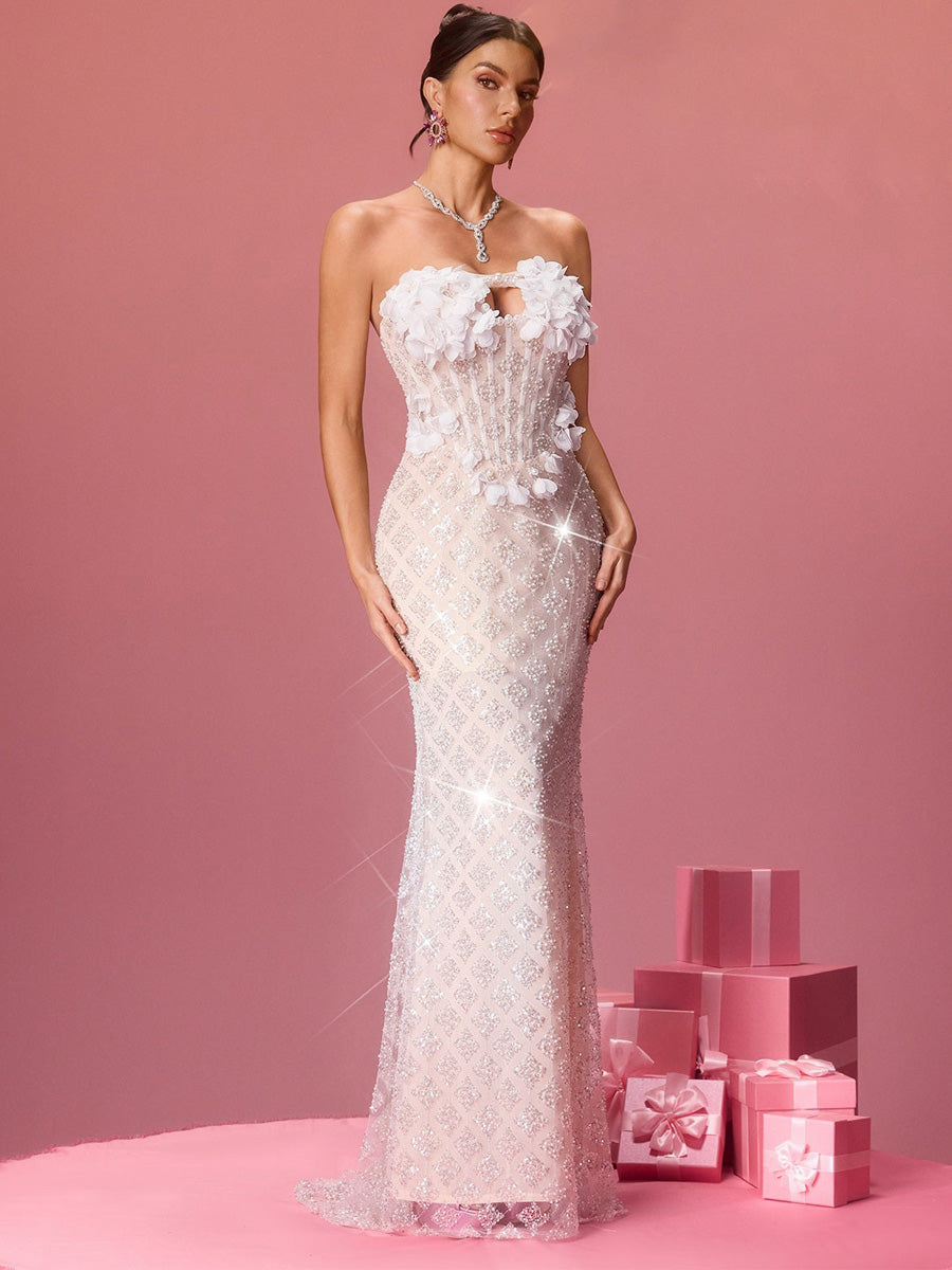 Alessandra Strapless Flower Sequin Maxi Dress