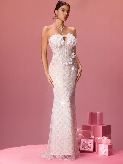 Alessandra Strapless Flower Sequin Maxi Dress
