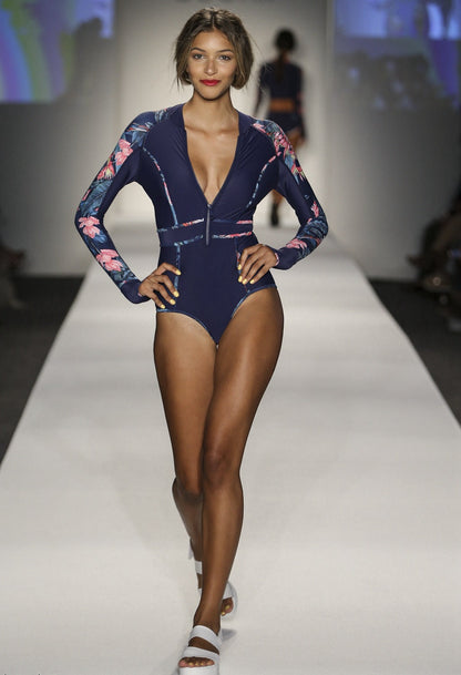 Long Sleeve Front Zipper Floral One-Piece Bikini Surfing Swimsuit Conservative Belly Slimming Women'S Swimsuit