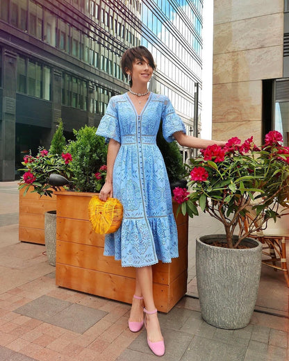 Summer New Women'S V-Neck Short Sleeve Hollow Single-Breasted Lace Dress New