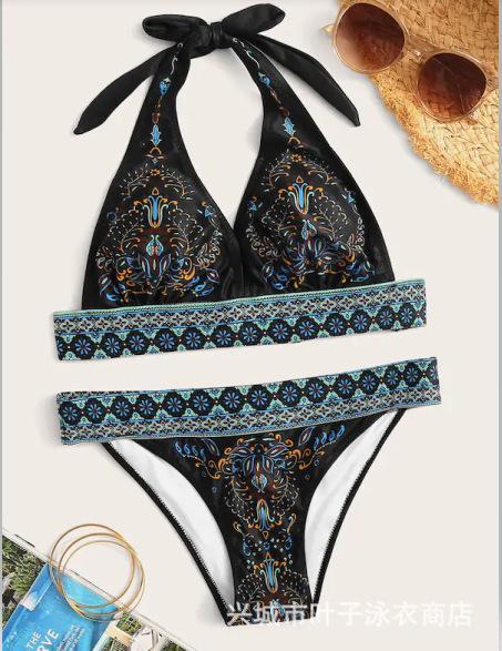 Ethnic Style Red Print Bikini Beach Strap Sexy Leaky Back Halter Split Swimsuit