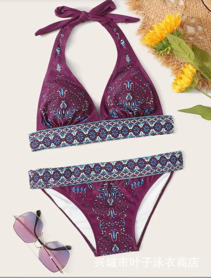 Ethnic Style Red Print Bikini Beach Strap Sexy Leaky Back Halter Split Swimsuit