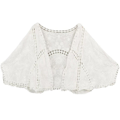 Spring/Summer Cotton Embroidered Lace Cardigan Short Bat Sleeves Loose Shawl 7/4 Sleeve Air Conditioning Sun Protection Cover Up