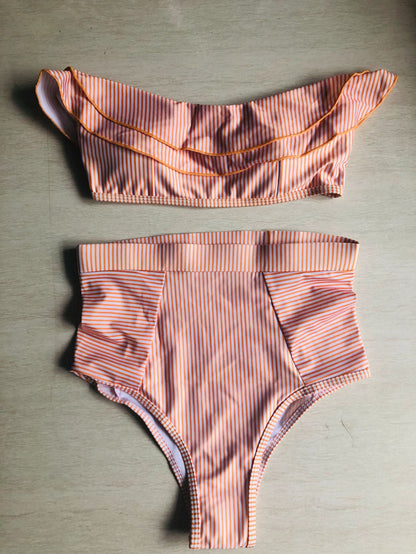 Bikini Swimsuit, Striped Lotus Leaf Split Bikini Female European And American Sexy Swimsuit