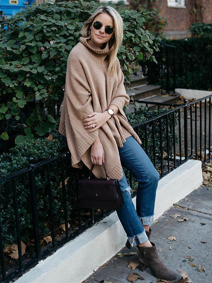 High-Neck Solid Color Knitting Sweater Cover-Ups Tops