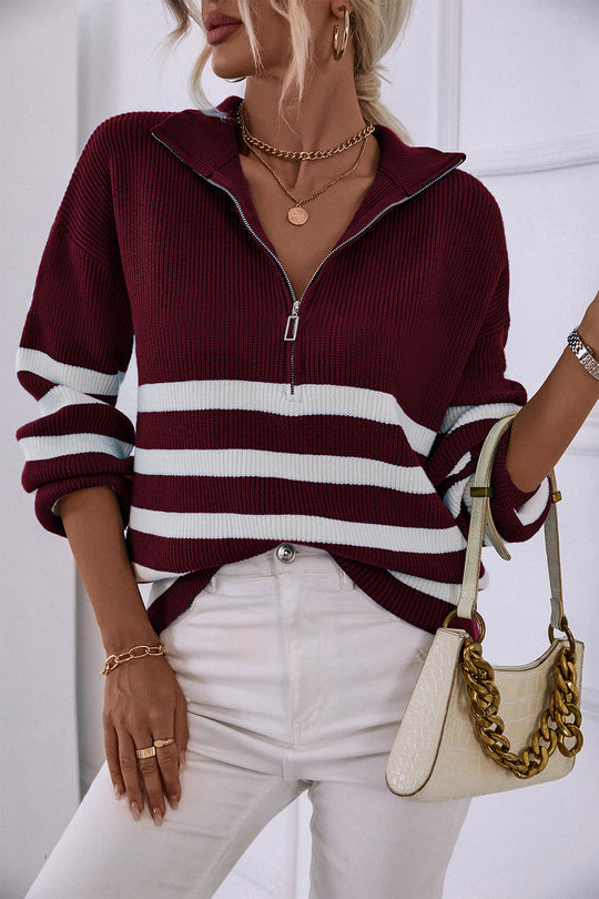 V Neck Collar Ribbed Knitted Stripe Pullover Sweater