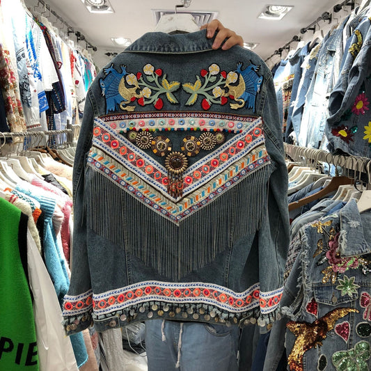 National Wind Thai Heavy Duty Embroidery Stitching Flow Su Loose Long-Sleeved Denim Jacket