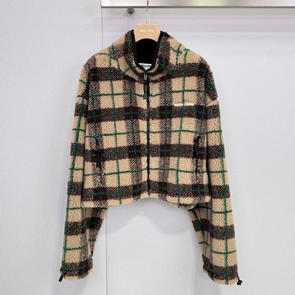 Miumiu 2025 Teddy Fleece Short Jacket Beige Mix Color Wool Polyester