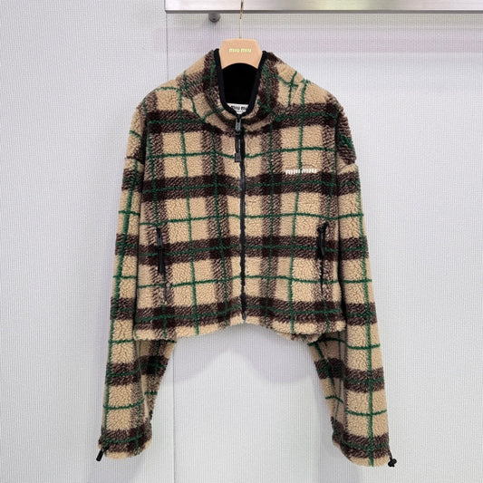 Miumiu 2025 Teddy Fleece Short Jacket Beige Mix Color Wool Polyester
