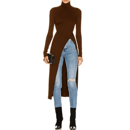 Skinny Solid Color Split-Side High-Neck T-Shirts Tops