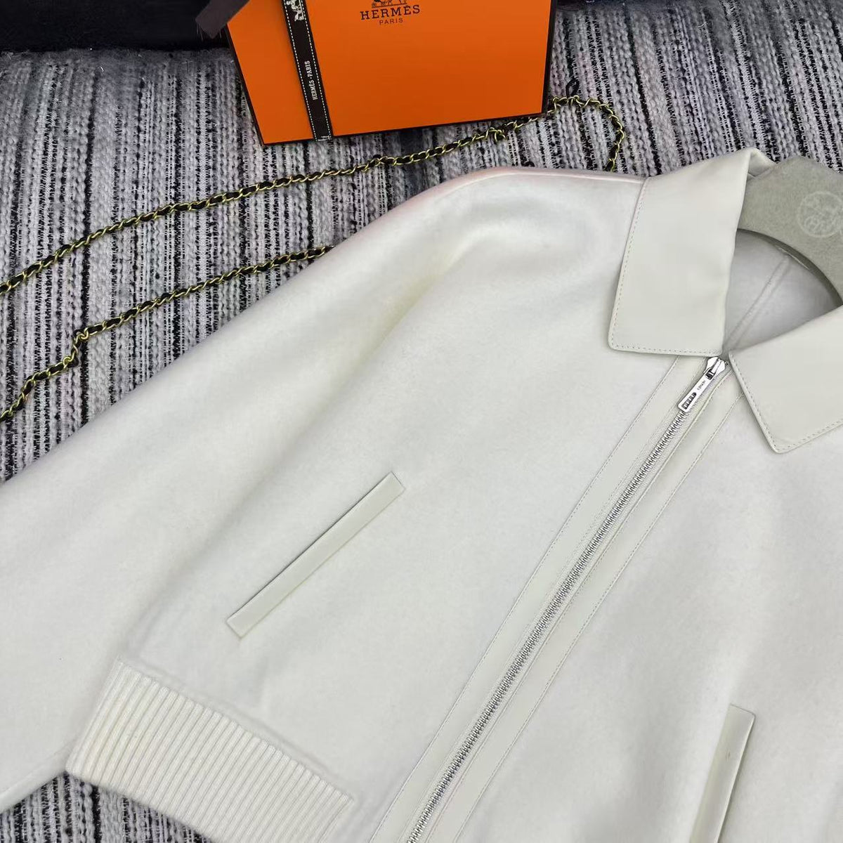 HM Patchwork Leather Lapel Double-faced White Cashmere Jacket