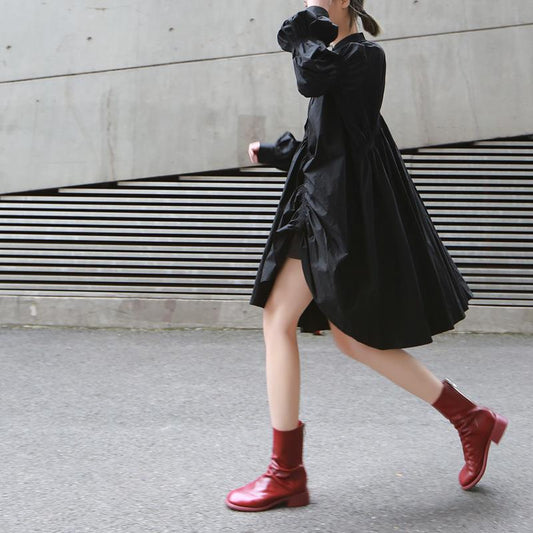 Loose Personality Fashion Pleated Stand Collar Lantern Sleeve Solid Color Irregular Dress
