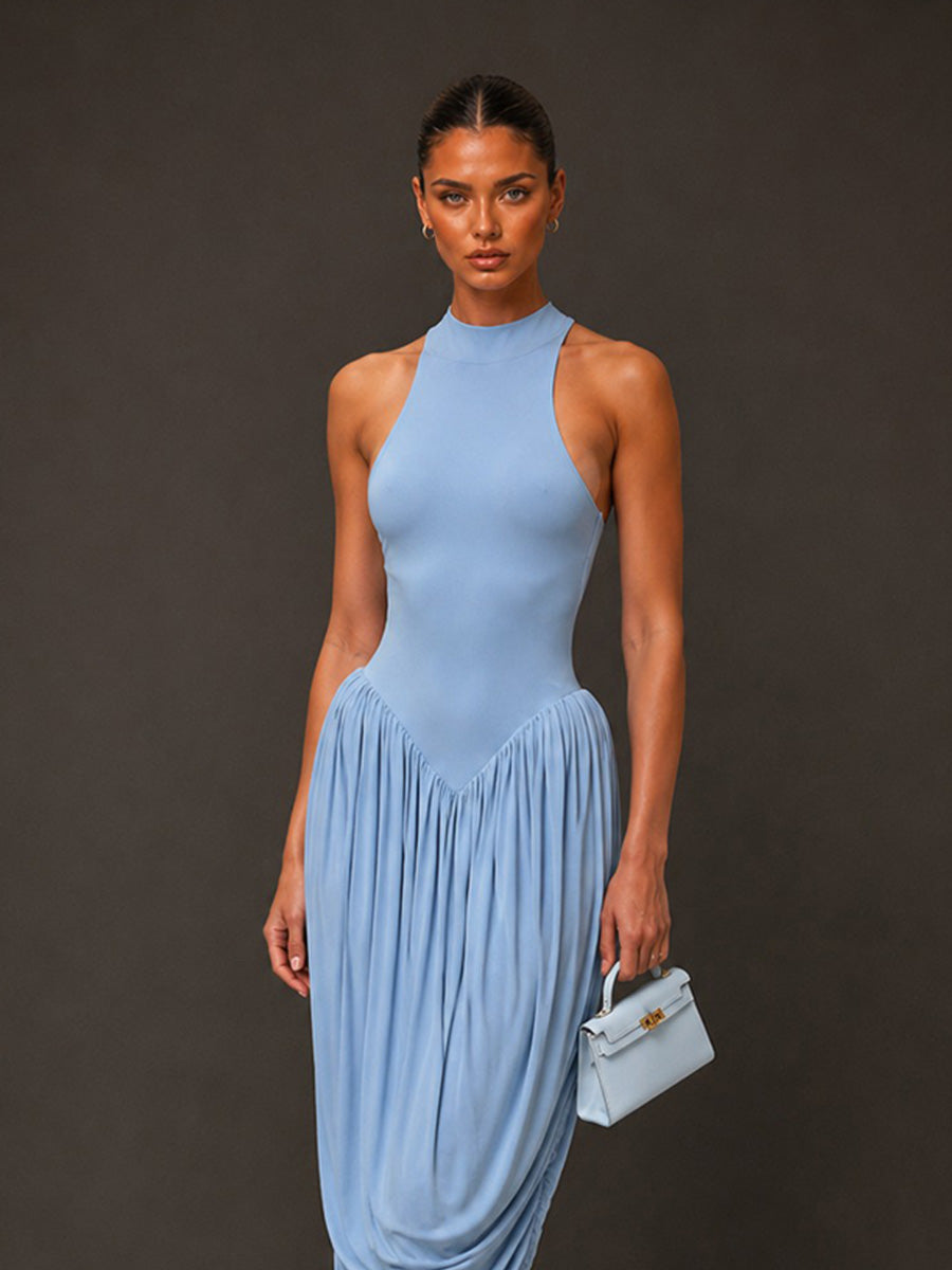 Aurora Fitted-Waist Ruched Sleeveless Maxi Dress