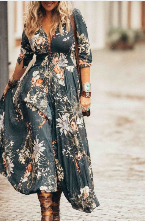 Summer Low-Key Luxury Simple Girls Plus Size Women'S Clothing Personalized Printing Design V-Neck Sexy Dress