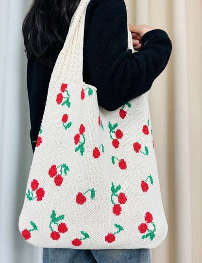 Cherry Print Cute Shoulder Bag Knit Tote Bag