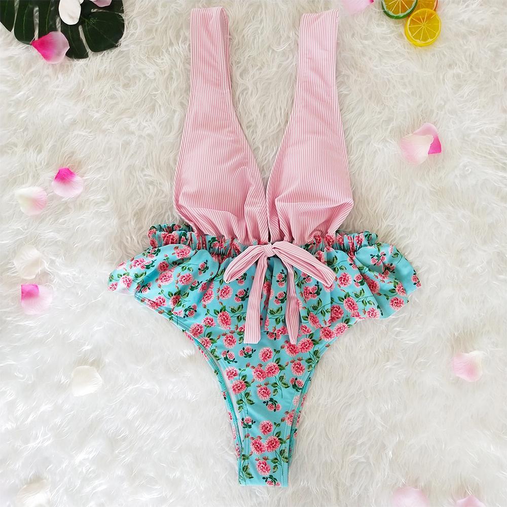 Ruffled Print V-Neck Bow Ins Style One Piece Swimsuit