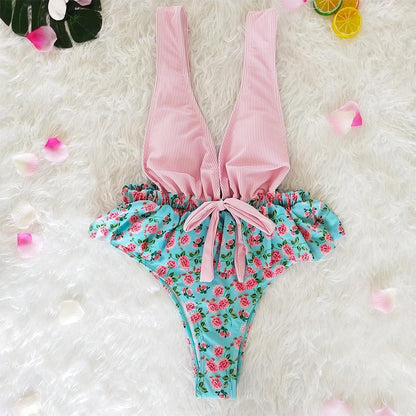 Ruffled Print V-Neck Bow Ins Style One Piece Swimsuit