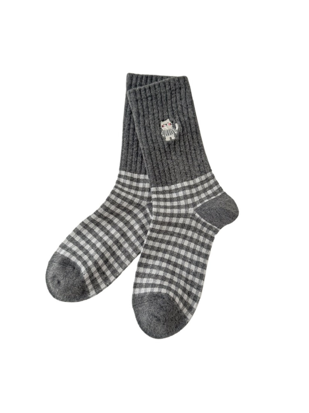 Rufia - Cute Cat Embroidery Plaid Socks for Women