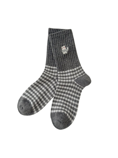Rufia - Cute Cat Embroidery Plaid Socks for Women