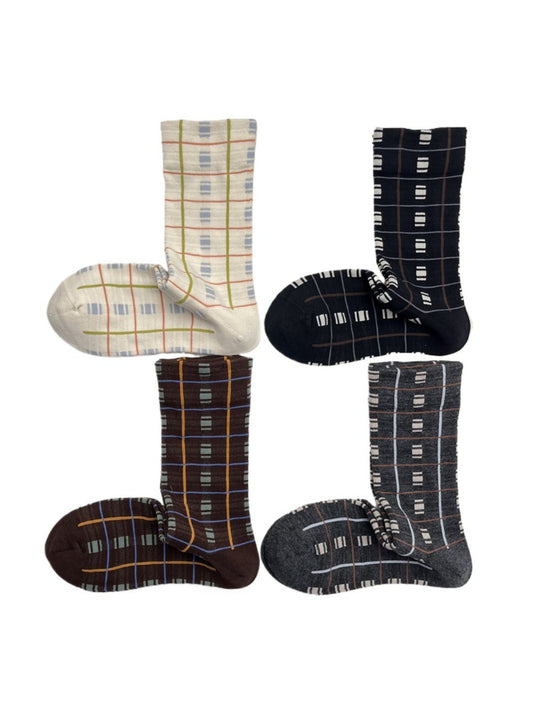 Rufia - Retro Mid-calf Socks with Line and Block Patterns