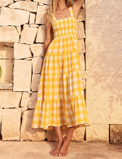 Plaid Color Block Ruffle Sleeveless Dress