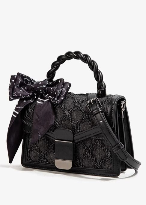 Textured Faux Leather Mini Handbag With Printed Bow