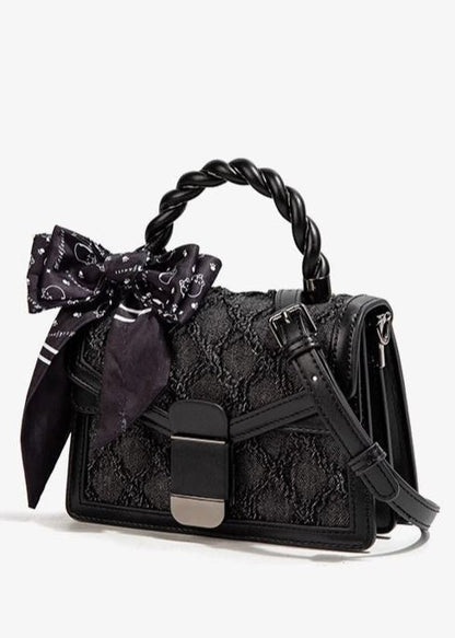 Textured Faux Leather Mini Handbag With Printed Bow