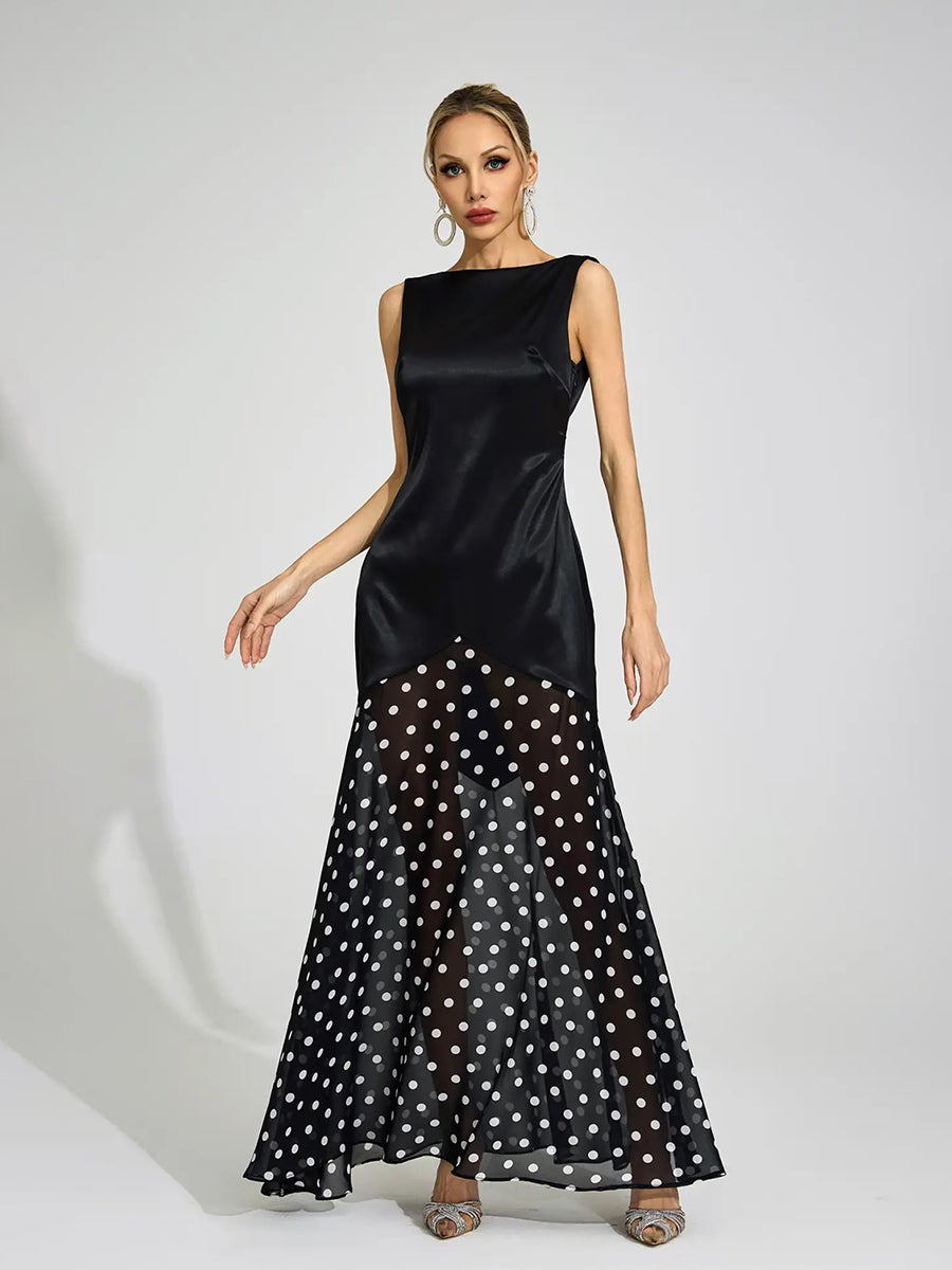 Chloe Satin Polka Dot Mesh Two-Tone Maxi Dress